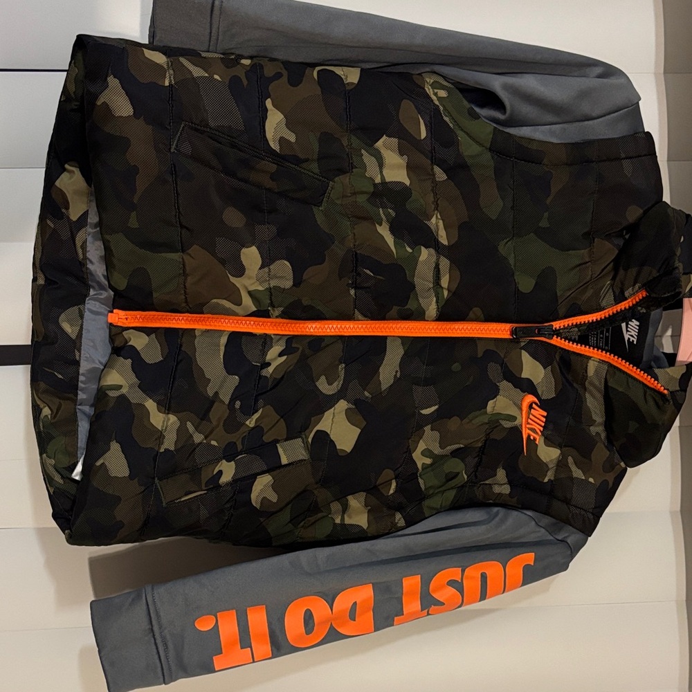 Nike Camo Jacket with Gray Sleeves and Orange Zipper